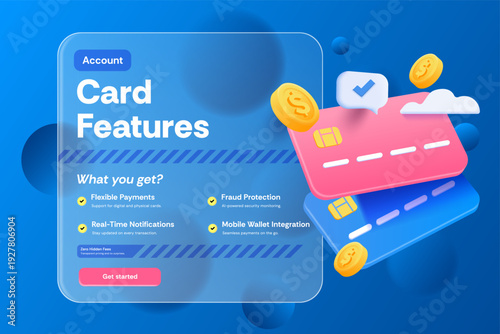 Modern 3D banking banner featuring digital credit cards, secure payment concept, and fintech platform interface. Ideal for online banking, mobile payments, financial services, SaaS dashboards