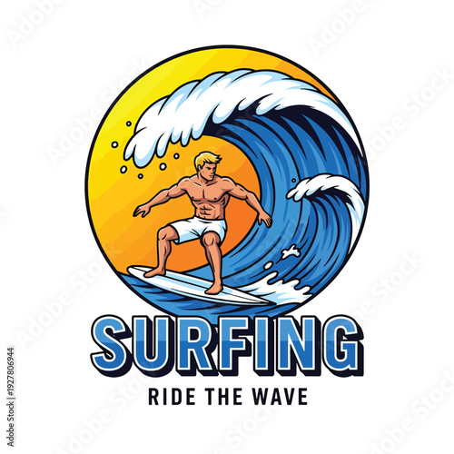 Dynamic Surfer Riding Powerful Ocean Wave Illustration Under Bright Sun