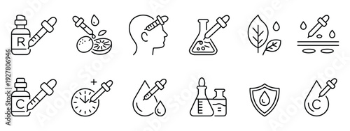 cosmetic skincare and serum icon pack featuring vitamin c, anti-aging formulas, natural extracts, lab testing and skin protection symbols, ideal for cosmetic products, spa branding and wellness apps.