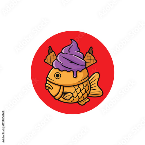Sweet Fish-Shaped Dessert Illustration with Purple Ice Cream and Waffle Cones on Red Circle