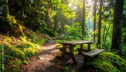 Serene Forest Picnic Area with Wooden Table.