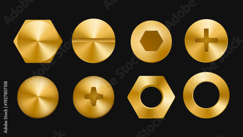 Set of realistic caps of screws, bolts and nails, Vector Design, Black background