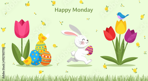 Easter bunny holding egg surrounded by colorful tulips and decorations on grass with butterflies