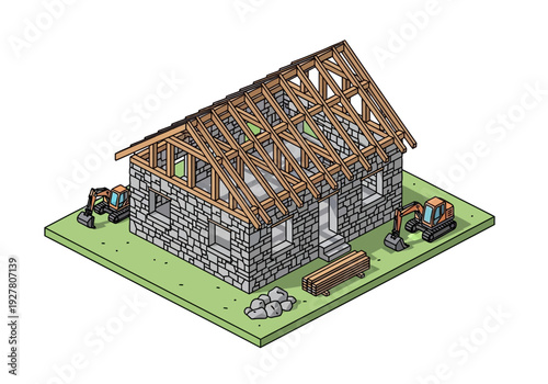 Construction of a stone house with visible wooden roof trusses and two excavators working on the site