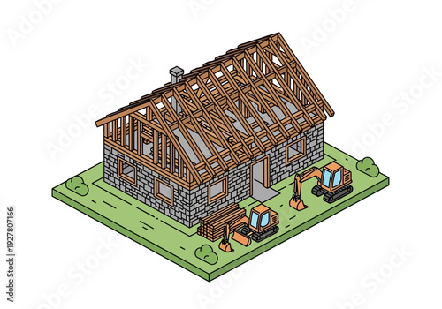Construction scene showing a stone house with exposed roof trusses and construction vehicles, including excavators and bulldozers, on a green lawn