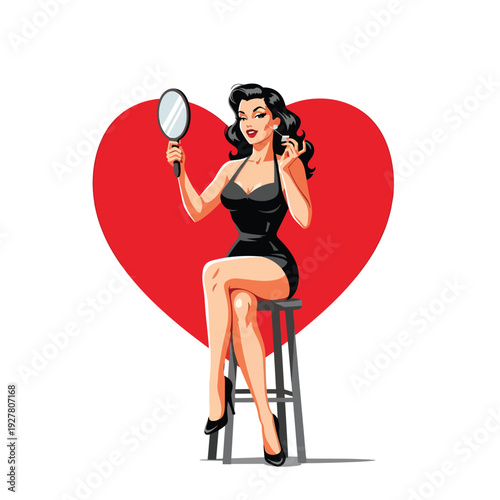 Elegant Woman Getting Ready, Applying Earring with Mirror, Vector Illustration Against Red Heart Background