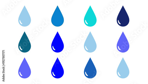 Collection of colorful water droplets in various shades of blue and purple on a white background