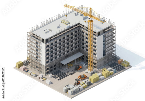 Isometric view of a modern building under construction with a tower crane and heavy machinery on site