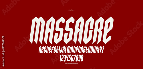 Sharp and bold gothic font for logo creation of for headlines, edgy geometric modern vector typeface, heavy metal and hard rock style alphabet with numbers, italic version.
