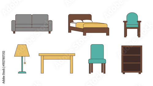 Collection of different household furniture including sofa bed chairs lamp and shelving unit for
