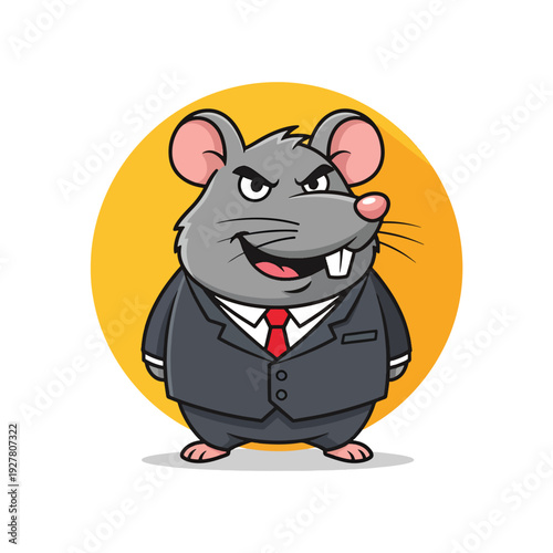 Mischievous Business Rat Cartoon Illustration Posing in Suit with Cunning Smile
