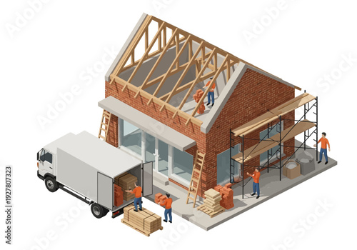 Construction Site with Workers and Truck Delivering Materials for Building a House