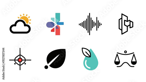 Collection of Diverse Abstract and Iconic Symbols Representing Technology Nature and Communication