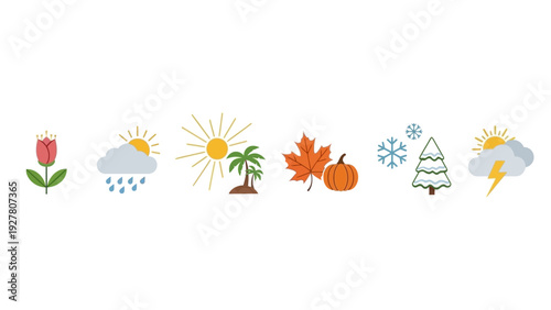 Collection of diverse weather and seasonal icons representing spring summer autumn and winter