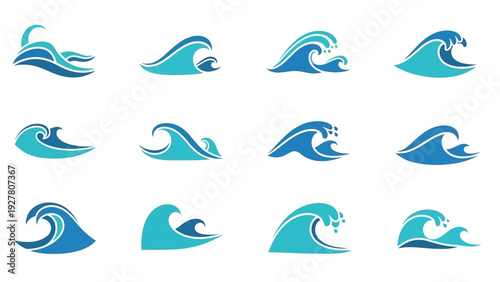 Collection of Diverse Wave and Ocean Water Motion Icons for Design and Illustration