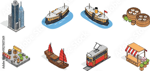 Isometric illustration set of buildings transportation food and street elements