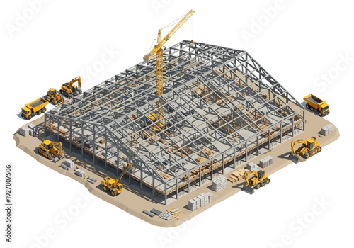 Construction of a large industrial building with heavy machinery and a crane, showcasing the early stages of development and infrastructure