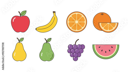 Collection of Fresh Fruit Illustrations Including Apple Banana Citrus Pear Grape and Watermelon