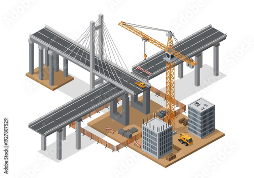 Construction of a modern bridge and buildings with heavy machinery and equipment for infrastructure development