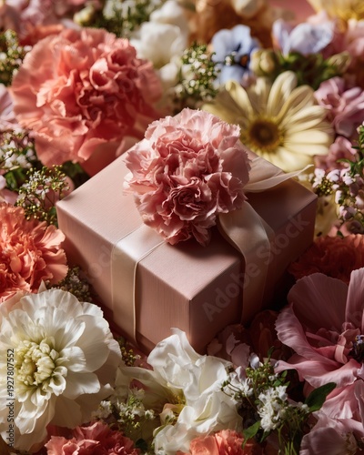 Wallpaper Mural Wrapped gift box with ribbon placed among blooming flowers in soft natural light. Torontodigital.ca