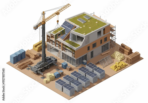 Modern building construction with solar panels and crane, illustrating sustainable development and innovative architecture