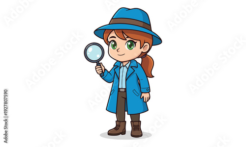 Girl Detective Holding Magnifying Glass on White Background