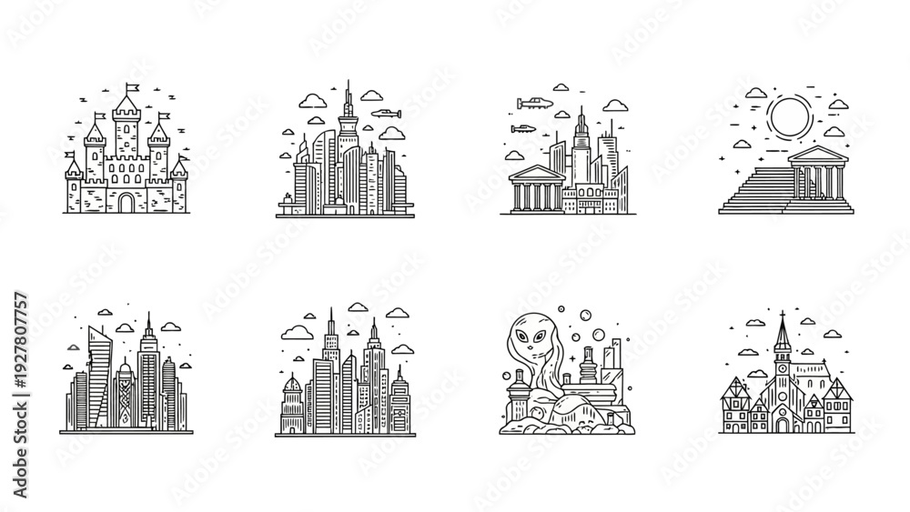 Obraz premium Collection of minimalist black and white line art cityscape and building illustrations