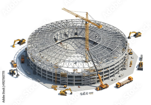 Under construction A modern stadium's skeletal frame rises with cranes and heavy machinery, symbolizing development and progress
