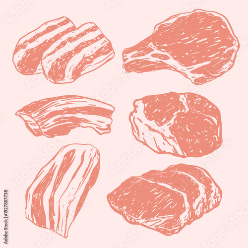Hand drawn Butchery Meat pork outline drawing illustration