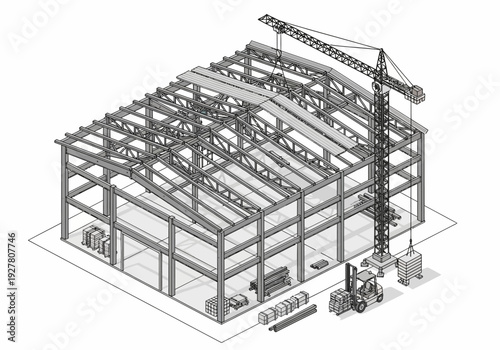 Industrial building construction using steel frame and crane for assembly