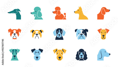 Collection of Minimalist Dog Icon Illustrations Showing Various Breeds and Styles