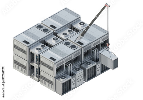 Industrial data center construction with modular units and crane lifting a component