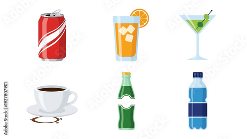 Collection of Popular Refreshing Beverages and Soft Drinks in Various Glasses and Bottles for a