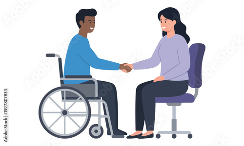Disabled man in wheelchair shaking hands with woman in office