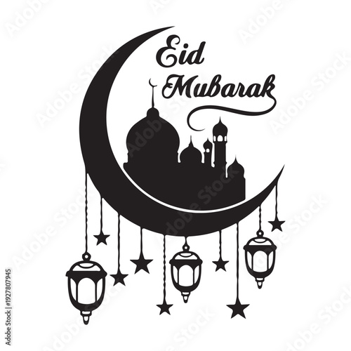 Festive Eid Mubarak Mosque Silhouette with Hanging Lanterns and Moon