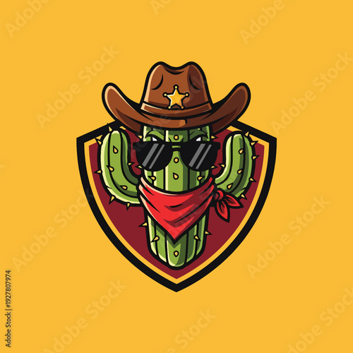 Cool Cartoon Cactus Character in Cowboy Hat and Sunglasses, Western Mascot Emblem