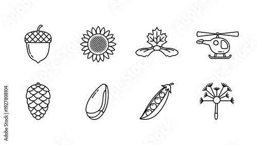 Collection of Simple Nature and Toy Icons Including Acorn and Helicopter