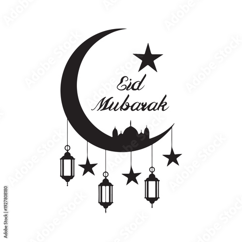 Festive Eid Mubarak Greeting with Mosque, Moon, and Hanging Lanterns