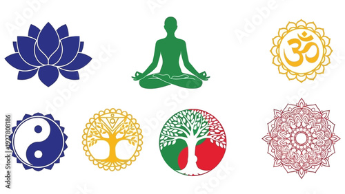 Collection of spiritual and meditative symbols representing peace harmony and spiritual growth in