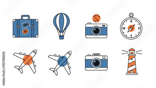 Collection of Travel and Aviation Icons with Landmarks and Navigation Tools