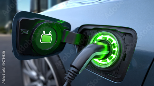 Electric car with green plug symbol. Green hybrid vehicles charging point logo.	