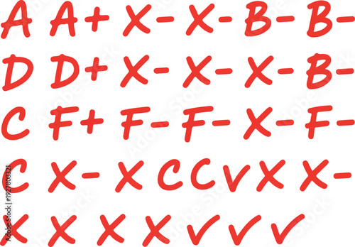 Set of red hand-drawn academic letter grades and evaluation symbols including checkmarks and crosses for education and feedback design.