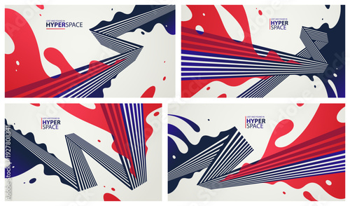 Dynamic vector abstract background set, lines in perspective with energy blast of a lava fluid in 3D space, splash in motion, modern creative art wallpaper.