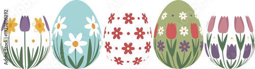 Set of 5 floral Easter egg and spring flower illustrations for holiday greeting cards and seasonal decor.