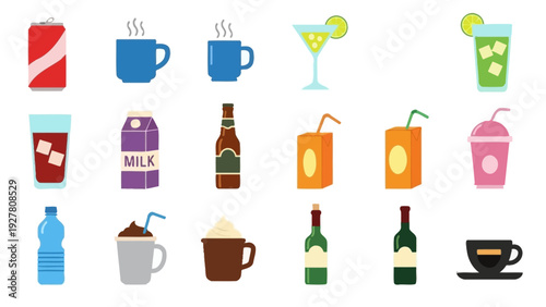 Collection of Various Popular Refreshing Drinks and Beverages in Different Containers for