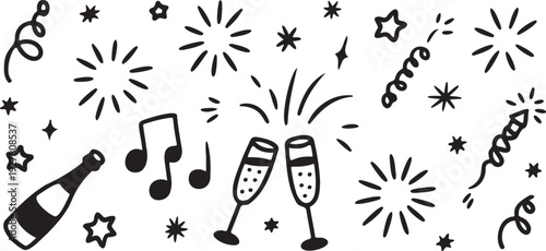 festive party icons with champagne glasses fireworks and celebration elements