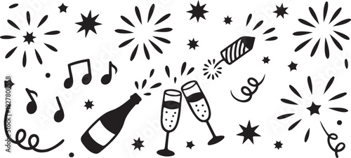 celebration icons with champagne glasses fireworks and party elements