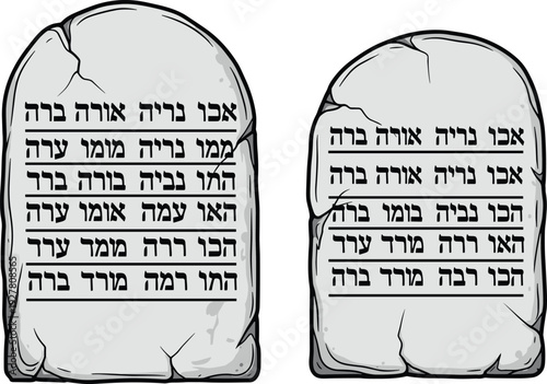 Stone tablets with Hebrew biblical inscription, religious commandments illustration symbol isolated on white background