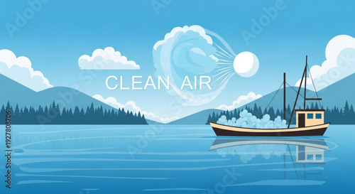 Boat on calm lake with mountains and clean air concept
