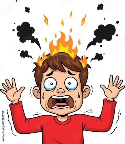 Terrified boy with flaming head showing panic and extreme stress isolated on white background cartoon illustration